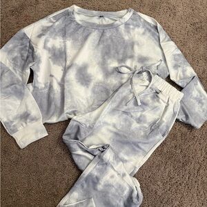 Tie-Dye Lounge Set Women size Small Soft Gray & White Sweatshirt + Joggers